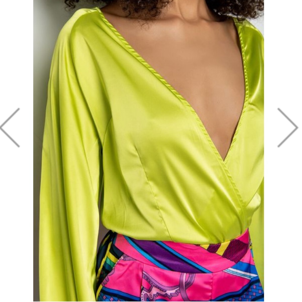 Wrap Front Long Sleeve Satin Bodysuit